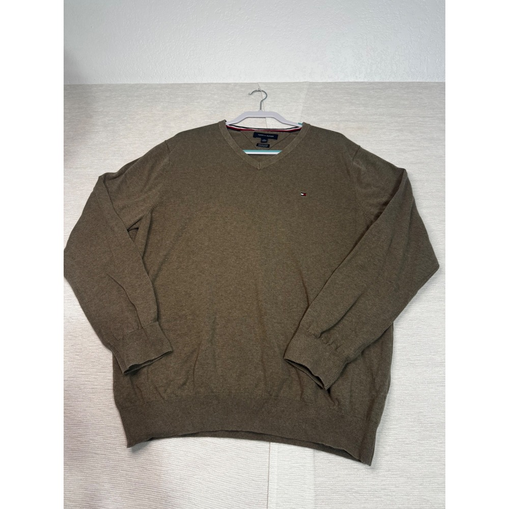 Tommy Hilfiger Mens XXL V-Neck Sweater Premium Cotton Olive Brown Heather Logo